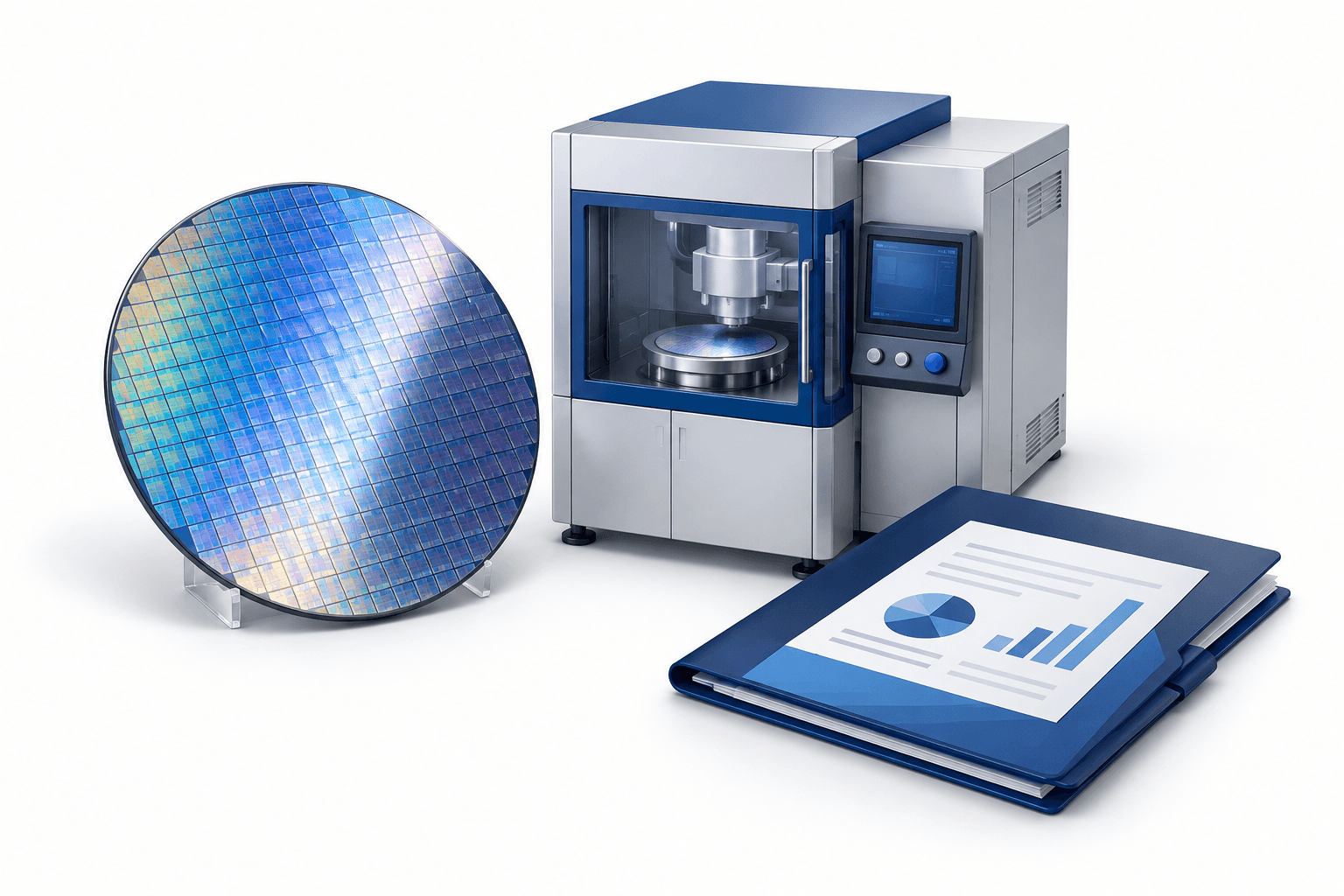 Amtech coverage concept illustration showing a semiconductor wafer, chip-processing equipment and an analyst research folder.
