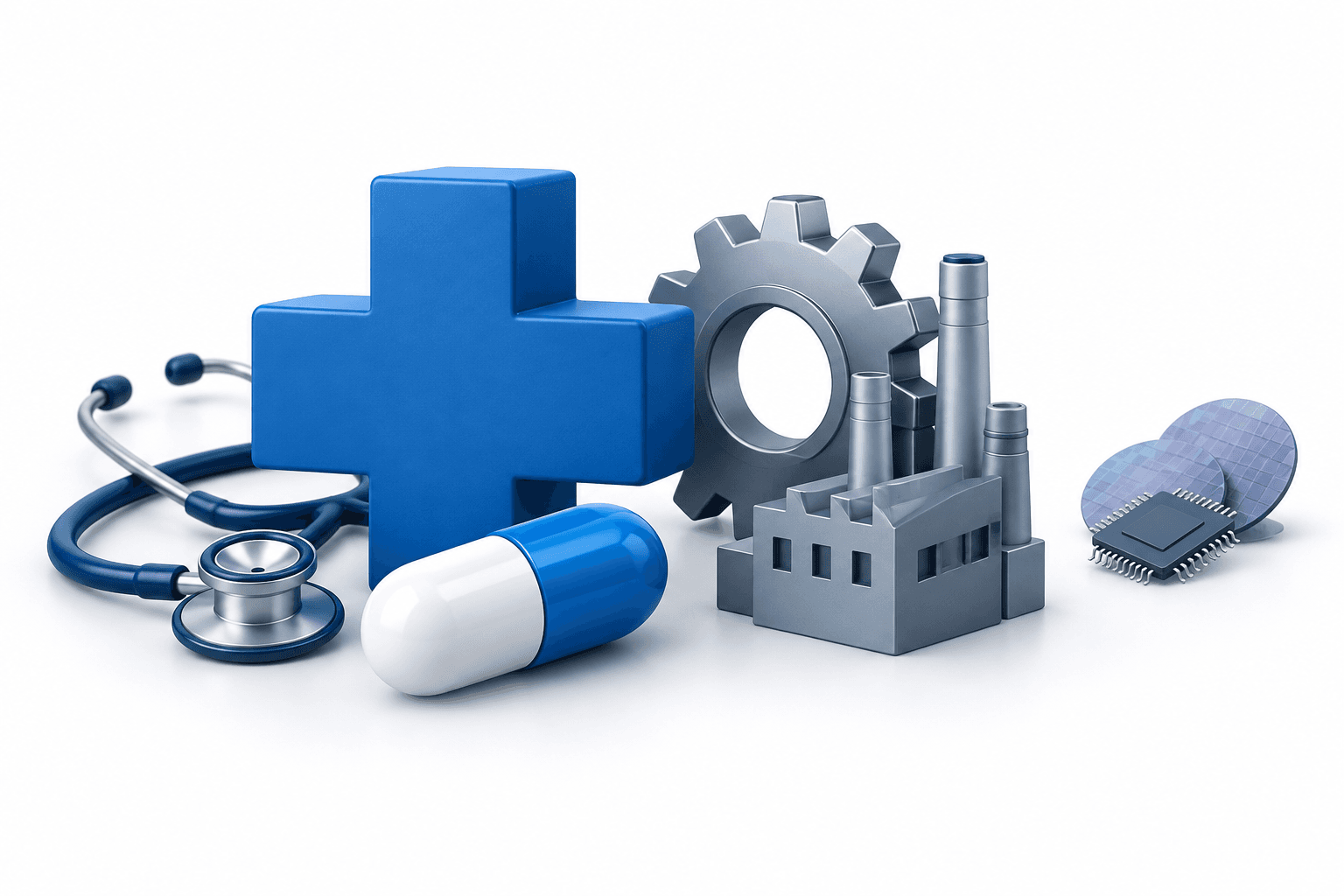 US stocks concept illustration showing healthcare and industrial objects beside subdued semiconductor elements.