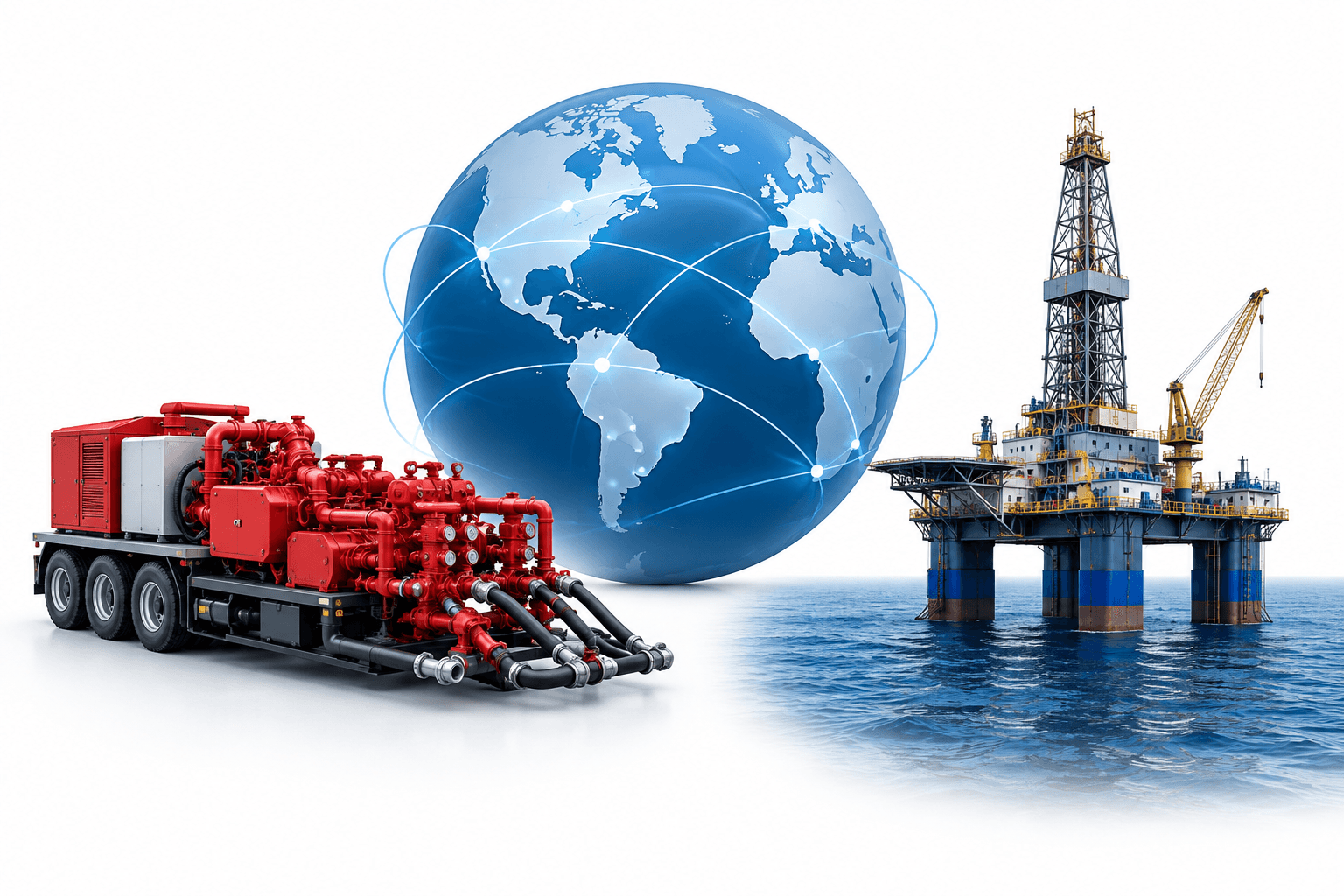 Concept illustration of land and offshore oilfield equipment representing Halliburton earnings and regional activity.