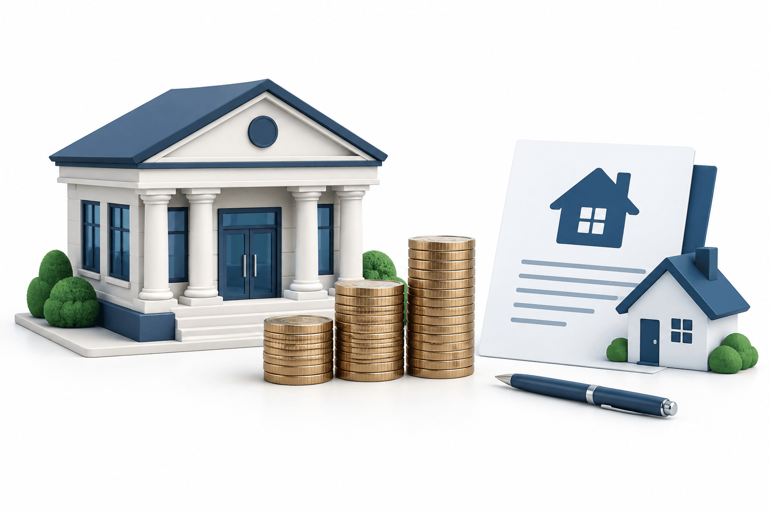 Capital City earnings concept illustration showing a regional bank, coin stacks and a mortgage document.