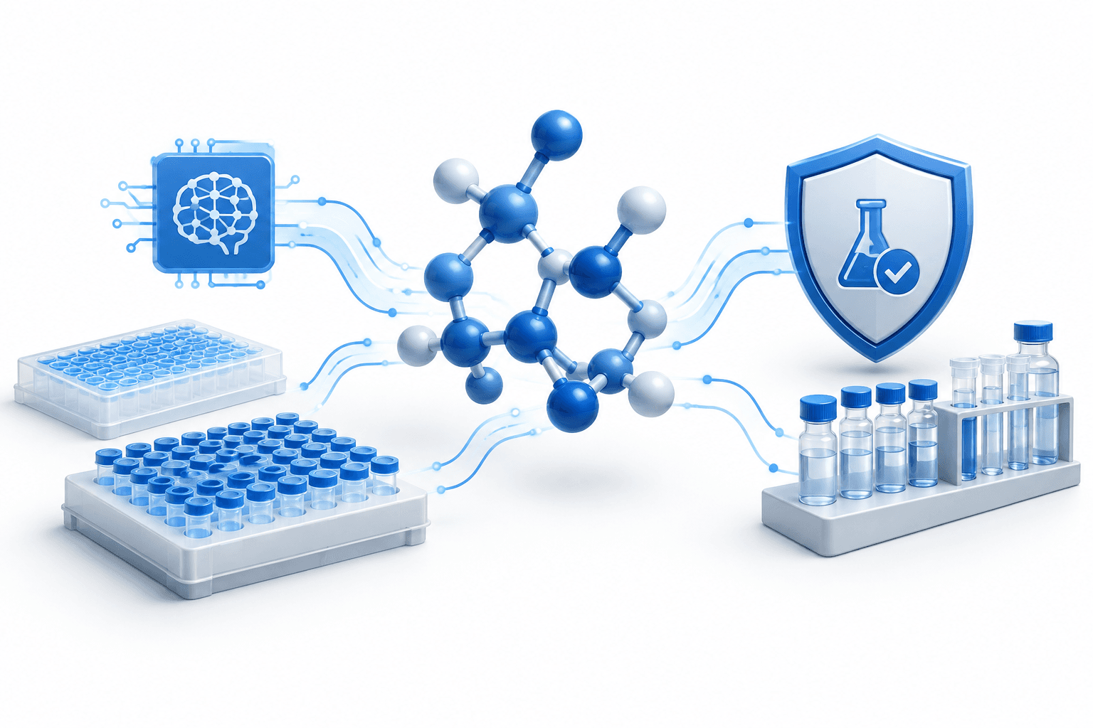 Concept illustration of AI drug discovery connecting molecular research with laboratory testing services.