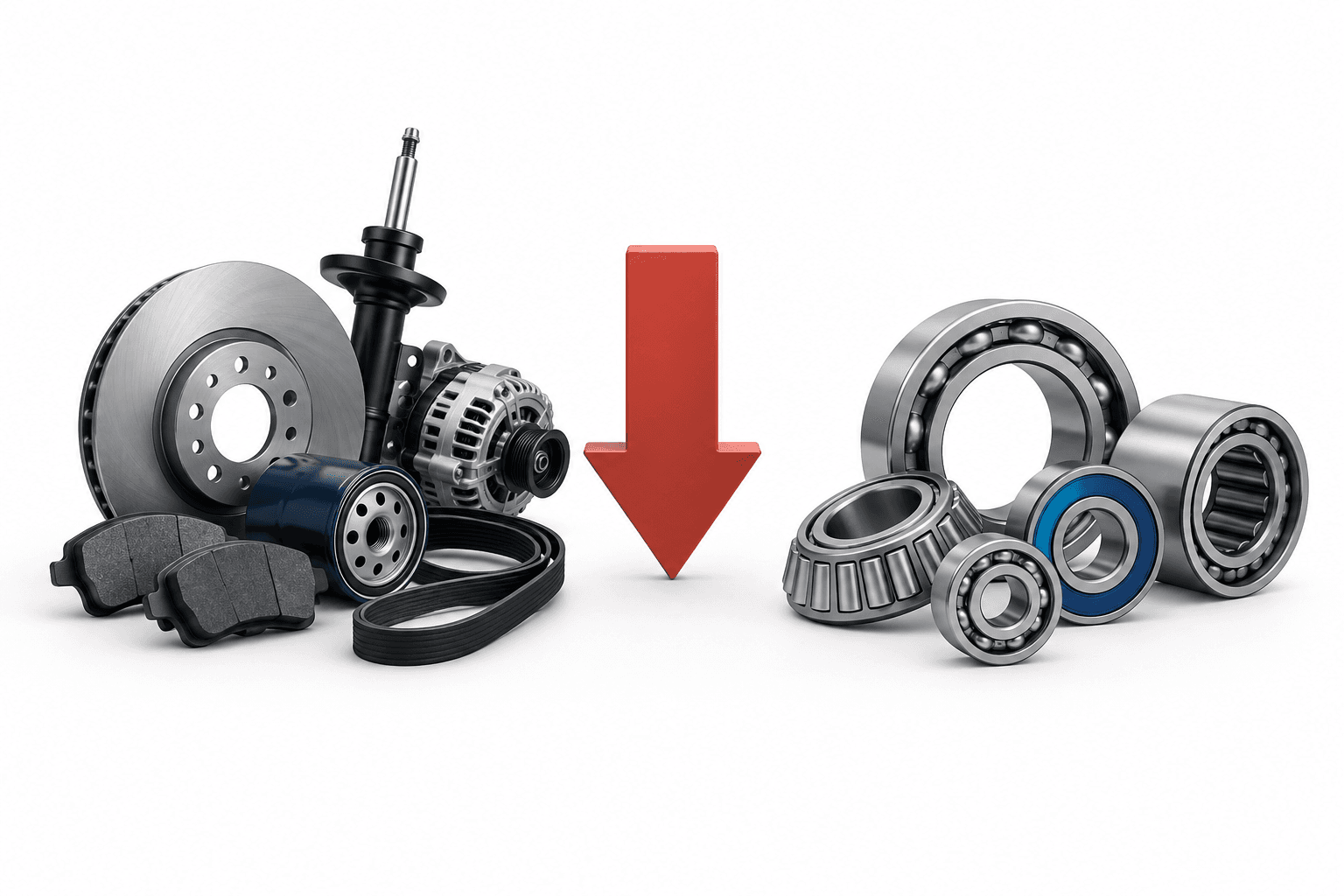 Concept illustration of automotive parts and industrial bearings with a downward arrow representing the decline in GPC shares.