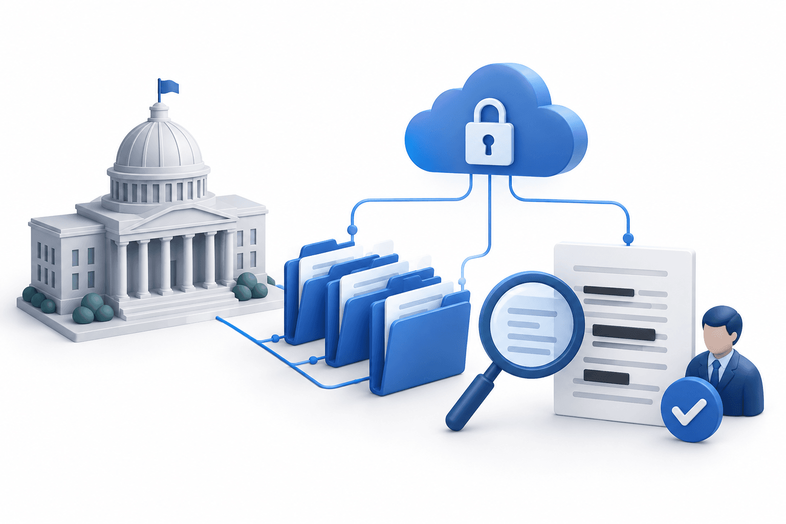 Concept illustration of Gemini for government connecting public-agency documents with secure cloud tools and human review.