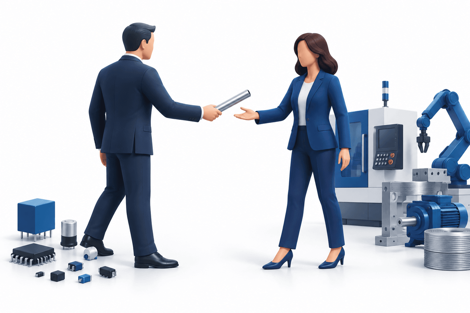 Concept illustration of the Standex CFO handover with a baton and industrial components.