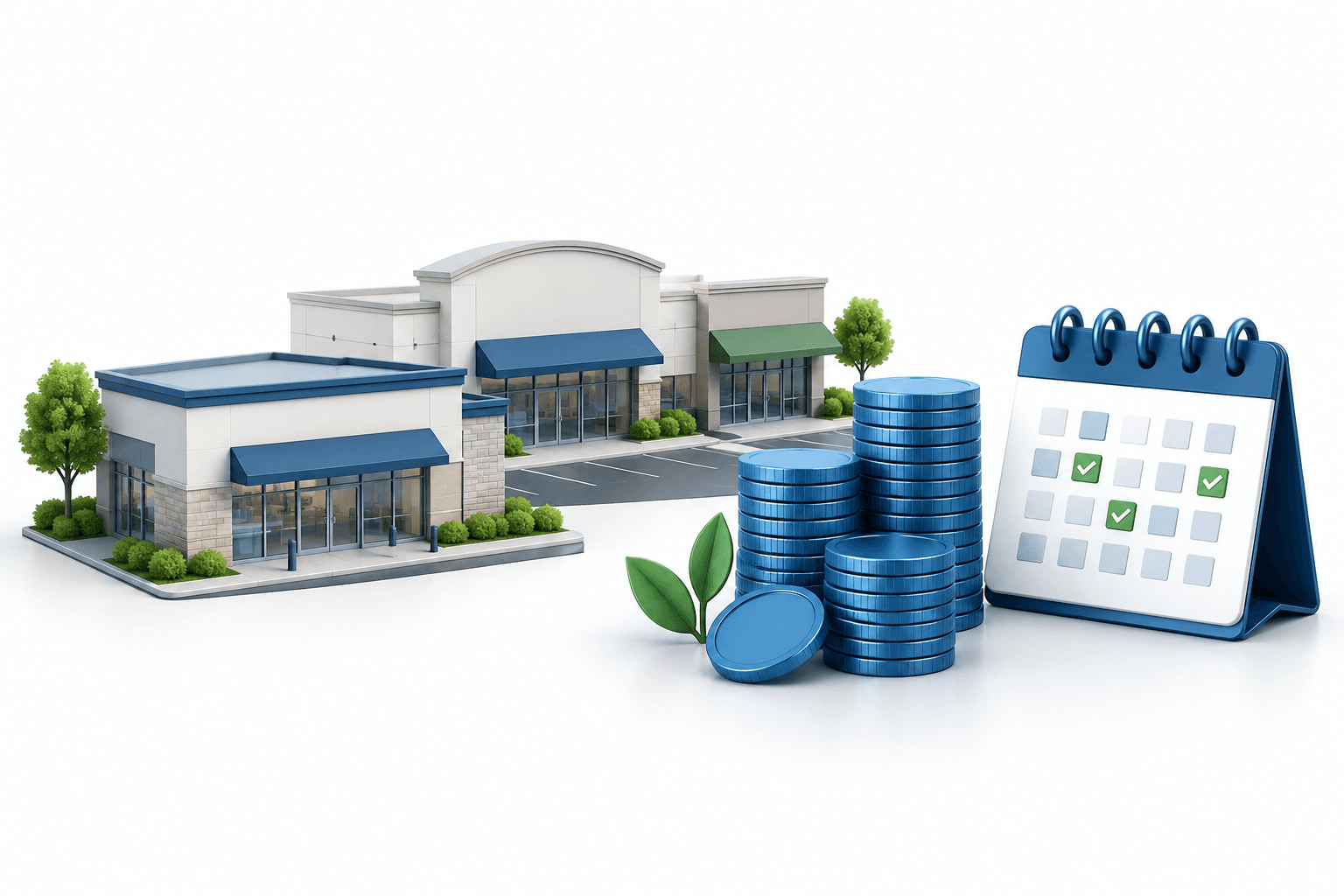 Agree Realty earnings concept illustration showing retail properties, coin stacks and a calendar-shaped object.