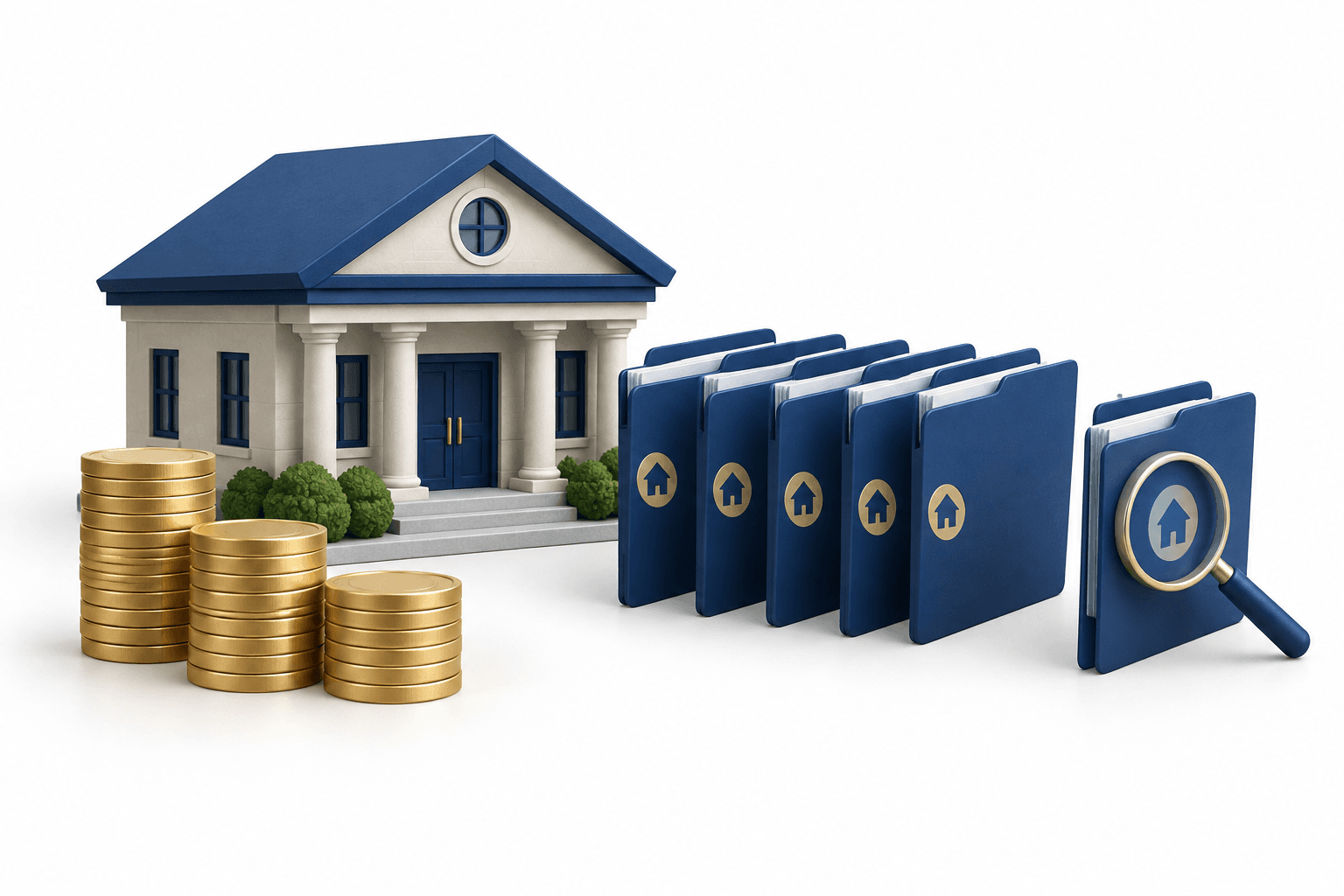 Concept illustration of a community bank, coins and loan folders representing Home Bancorp earnings and credit monitoring.