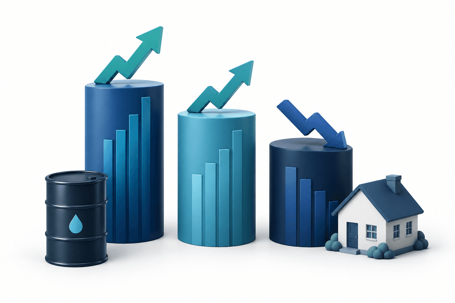 Concept illustration of mixed Wall Street futures with an oil barrel and model house.