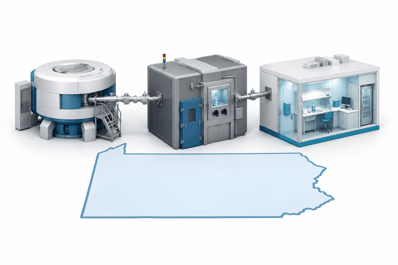 Concept illustration of Astatine-211 production equipment connected to a radiopharmacy facility in Pennsylvania.
