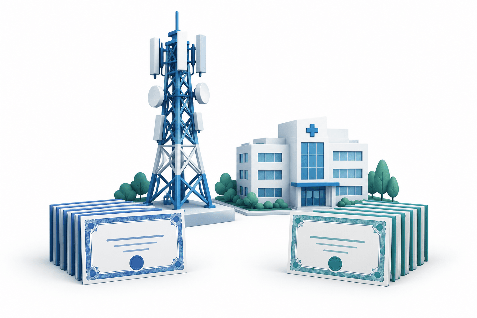 Concept illustration of a telecom tower and hospital representing the Jio Platforms IPO and Paras Healthcare offering.