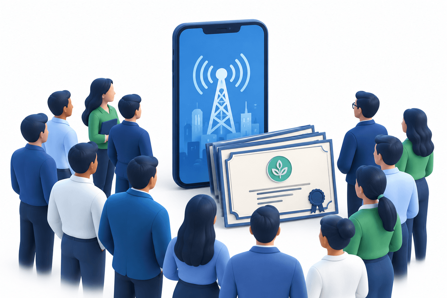 Concept illustration of employees and a smartphone representing participation in the Jio Platforms IPO.