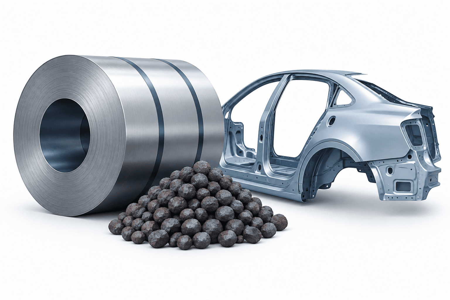 Steel coil, iron ore pellets and automotive panel illustrating the Cleveland-Cliffs earnings preview.