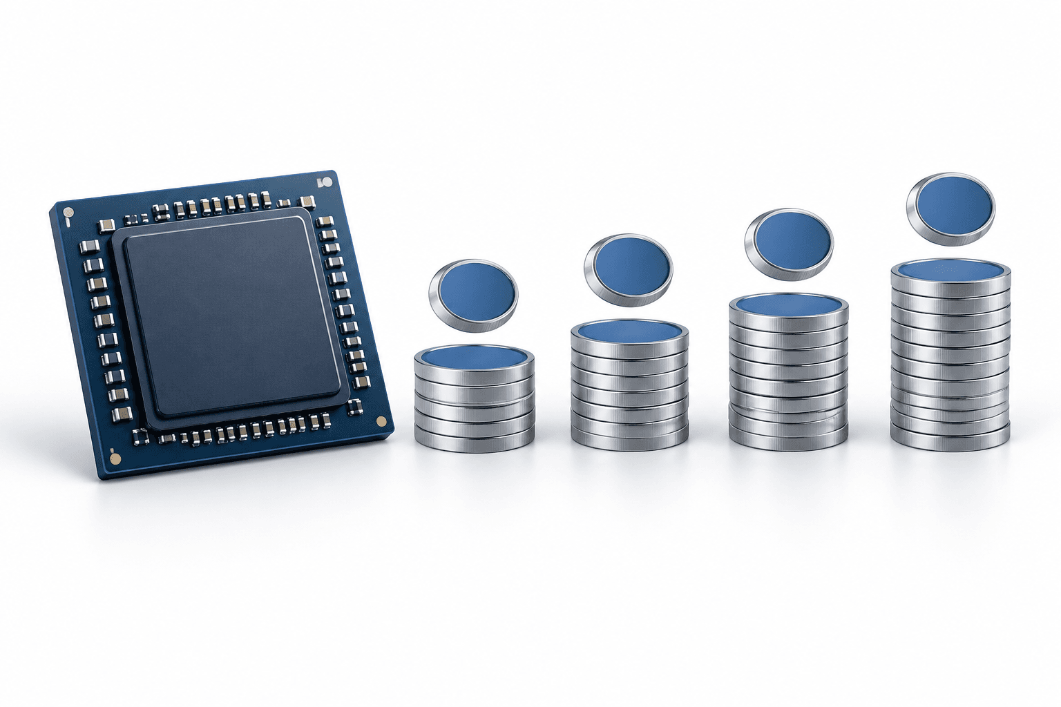 Silicon Motion dividend concept illustration showing a storage controller chip beside four groups of coins.