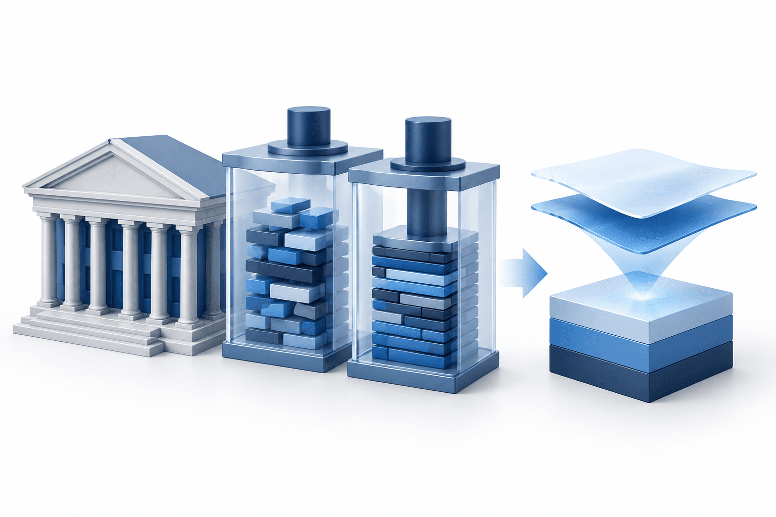 Concept illustration of Fed stress tests showing a bank, paired market shocks and layered capital-buffer calculations.