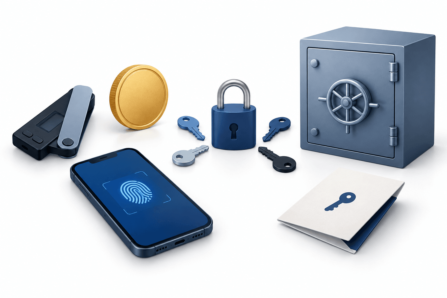Concept illustration of Bitcoin custody alternatives using a phone, separate keys, a vault and a paper record.
