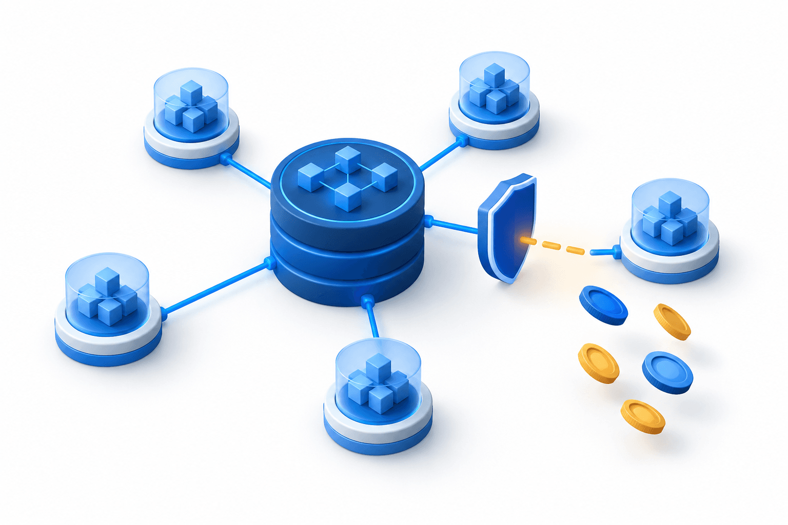 Concept illustration of the Initia halt showing a blockchain hub and connected rollup nodes behind a protective barrier.