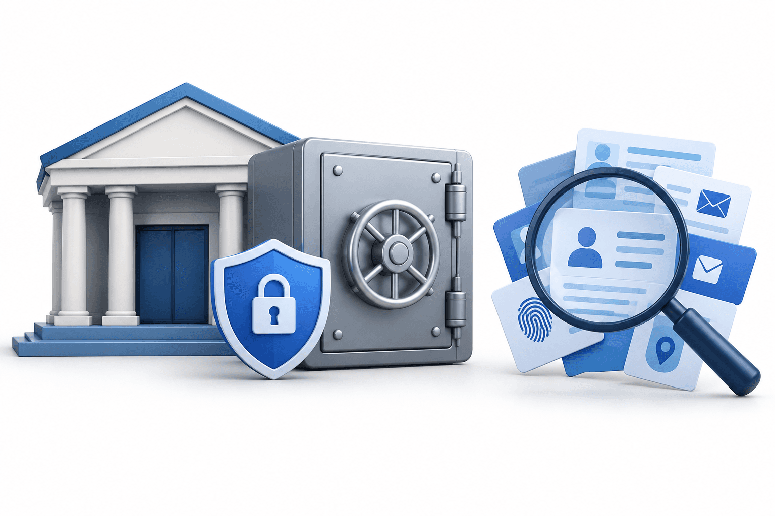 SBI data leak concept illustration showing a secure bank vault beside personal-data cards under investigation.