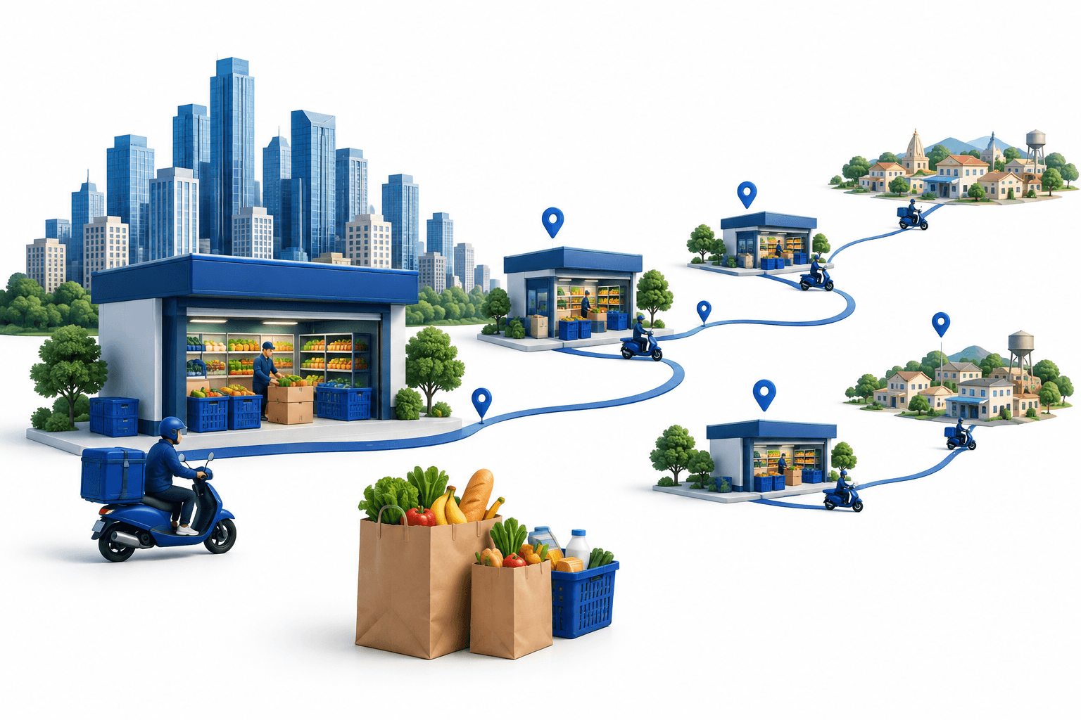 Eternal earnings illustration showing grocery fulfillment stores expanding from a large city into smaller towns.