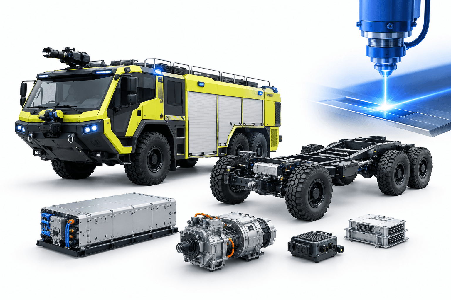 Concept illustration of the Nuburu Tekne acquisition showing a firefighting vehicle and engineering components.