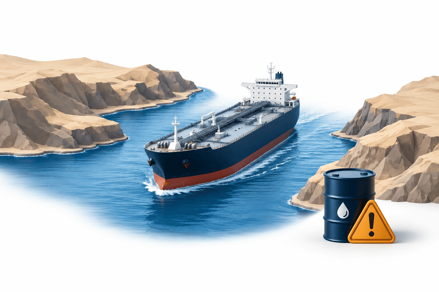 Oil prices concept illustration showing an oil tanker navigating a narrow shipping channel beside an oil barrel.