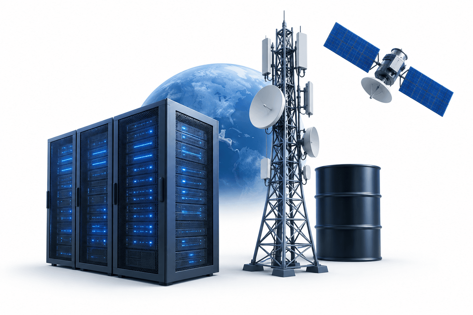 Concept illustration of AI servers, a satellite and a telecom tower representing pressures on US stocks.
