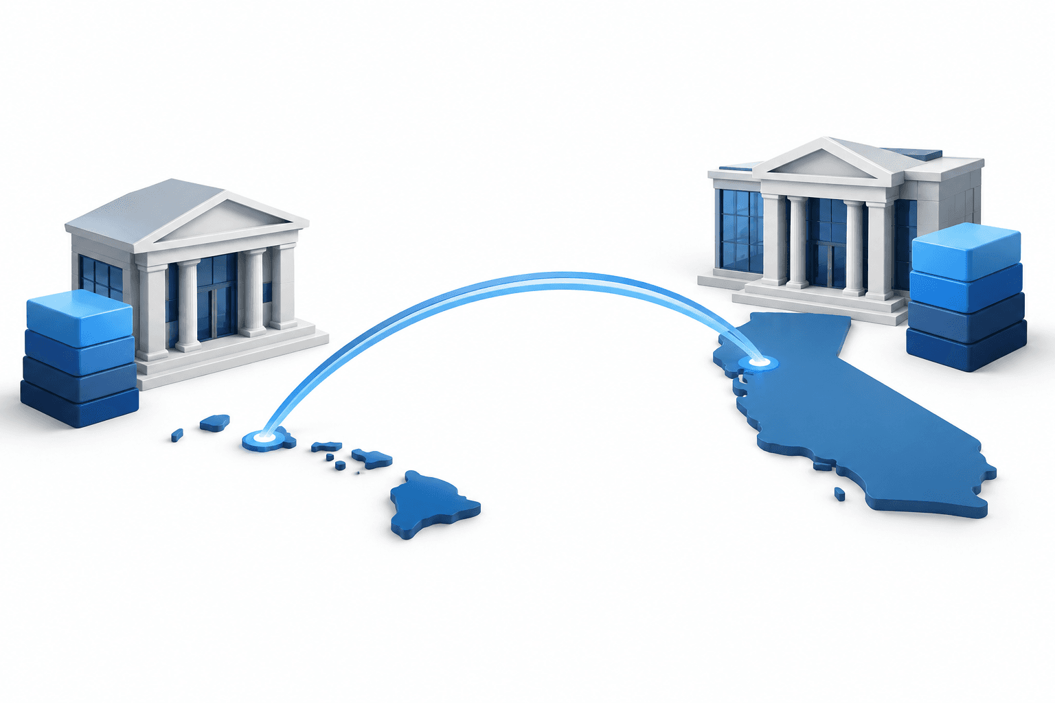 Concept illustration of First Hawaiian capital and a planned banking expansion between Hawaii and California.