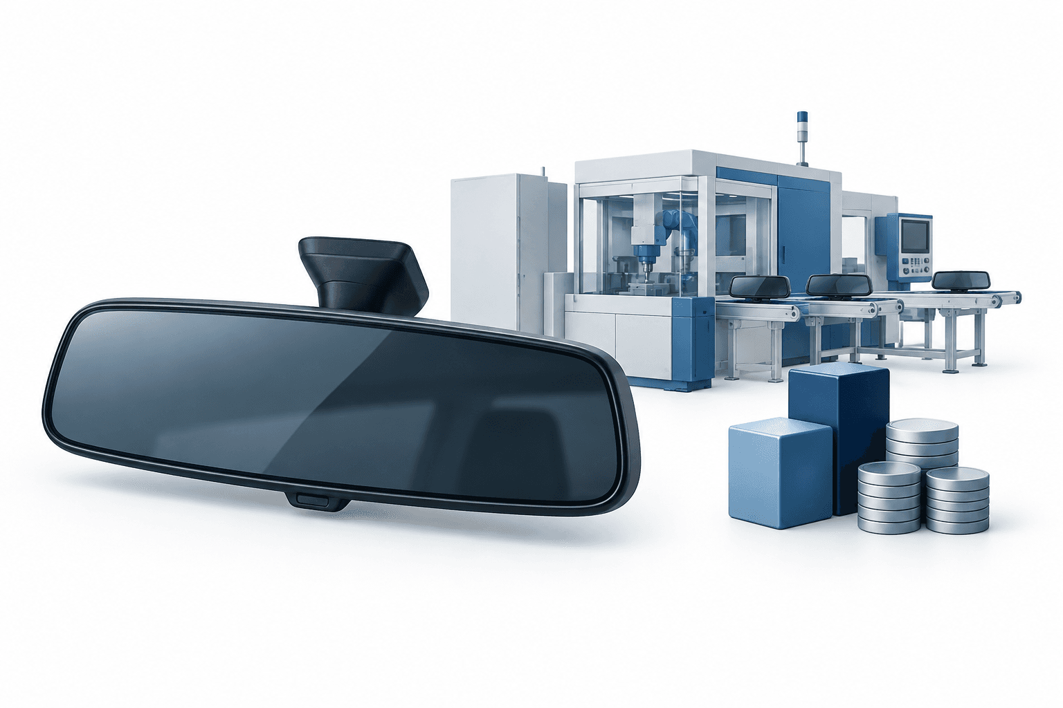 Gentex capex concept illustration featuring an auto-dimming mirror, factory equipment and investment blocks.