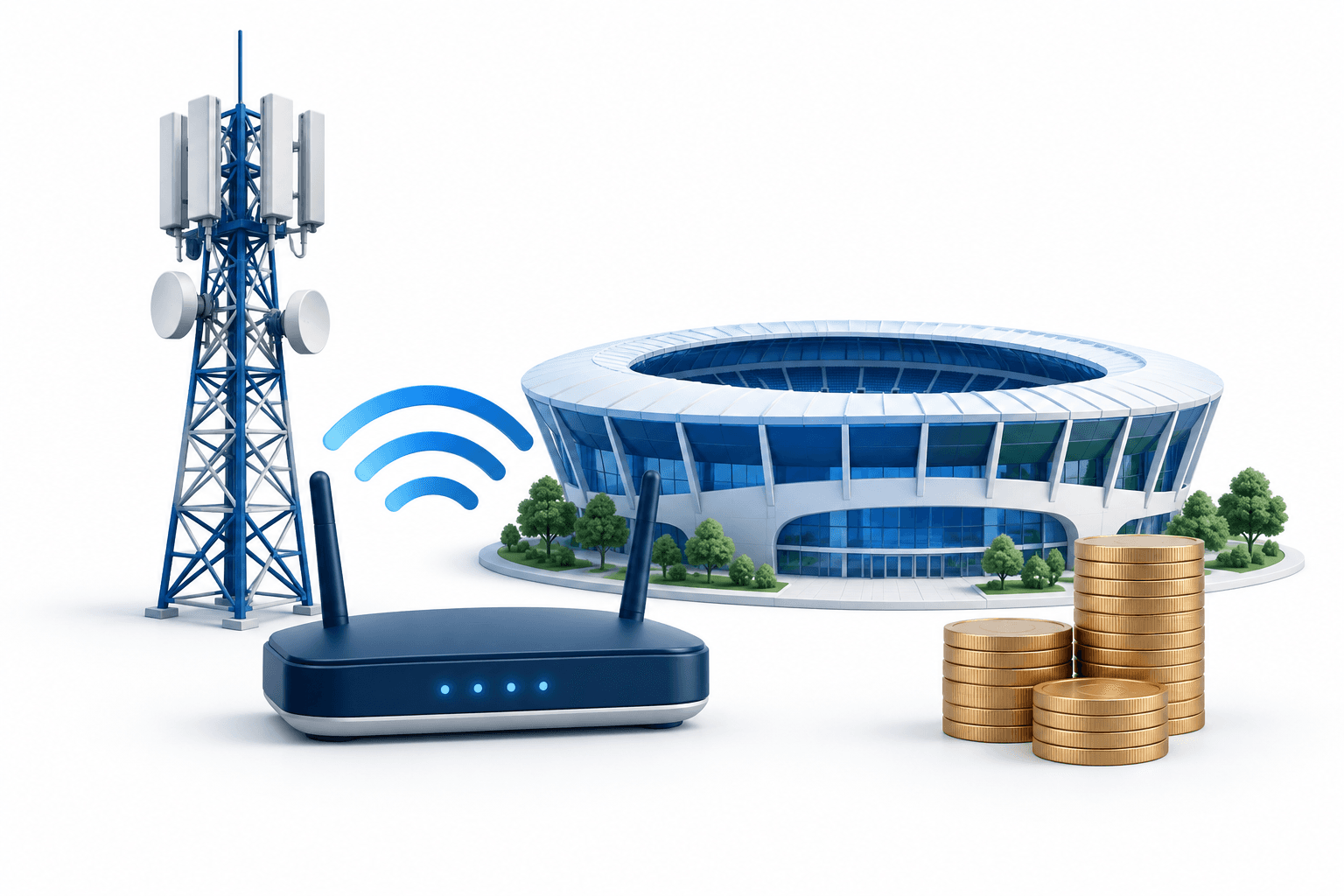 Rogers earnings concept illustration showing telecom infrastructure, a sports arena and coins on a white background.