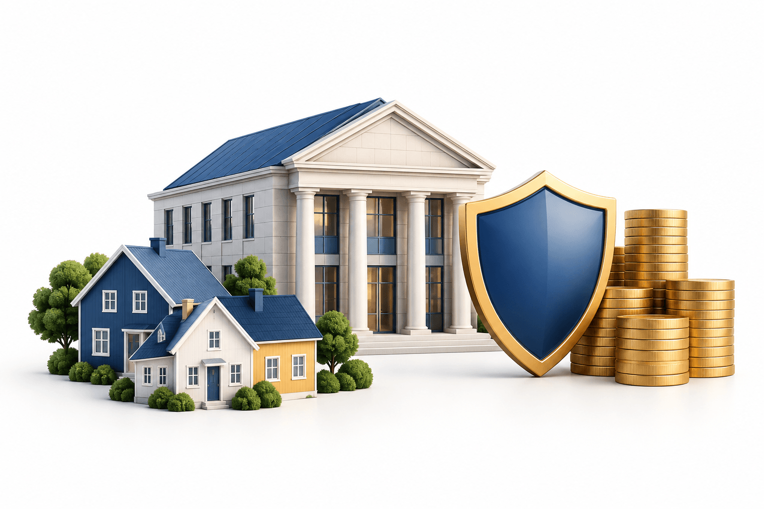 Swedbank earnings illustration showing a bank, mortgage homes, coins and a protective capital shield.