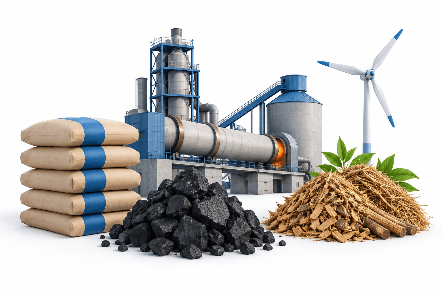 Shree Cement outlook illustrated with a cement kiln, fuel materials and renewable-energy equipment.