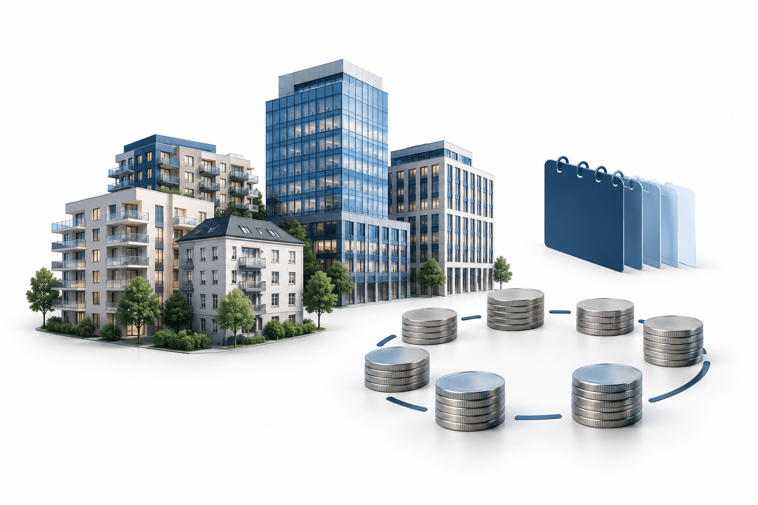 Balder earnings illustration showing residential and office properties beside coins representing share buybacks.