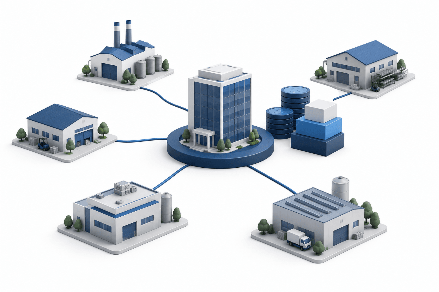 Roko earnings illustration showing independent industrial businesses connected to an investment hub and acquisition financing blocks.