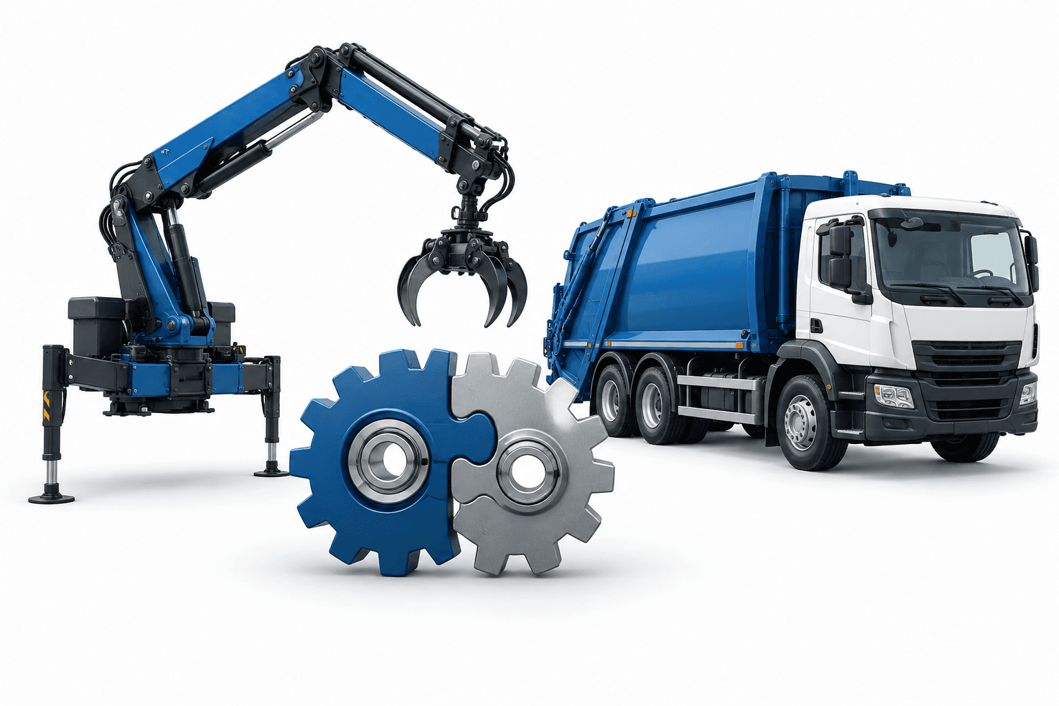 Hiab earnings concept illustration showing a loading crane and refuse collection truck with interlocking mechanical components.
