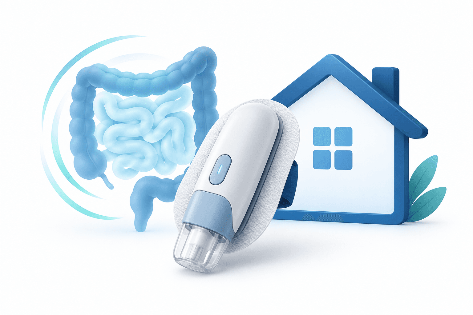 Concept illustration of Skyrizi induction at home with a generic wearable injector and house outline.