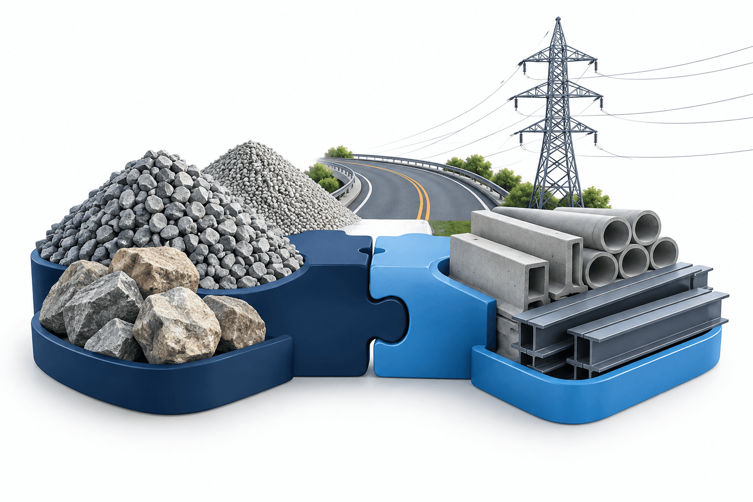 CRH acquisition concept illustration showing aggregates, a road segment and energy transmission infrastructure joining together.