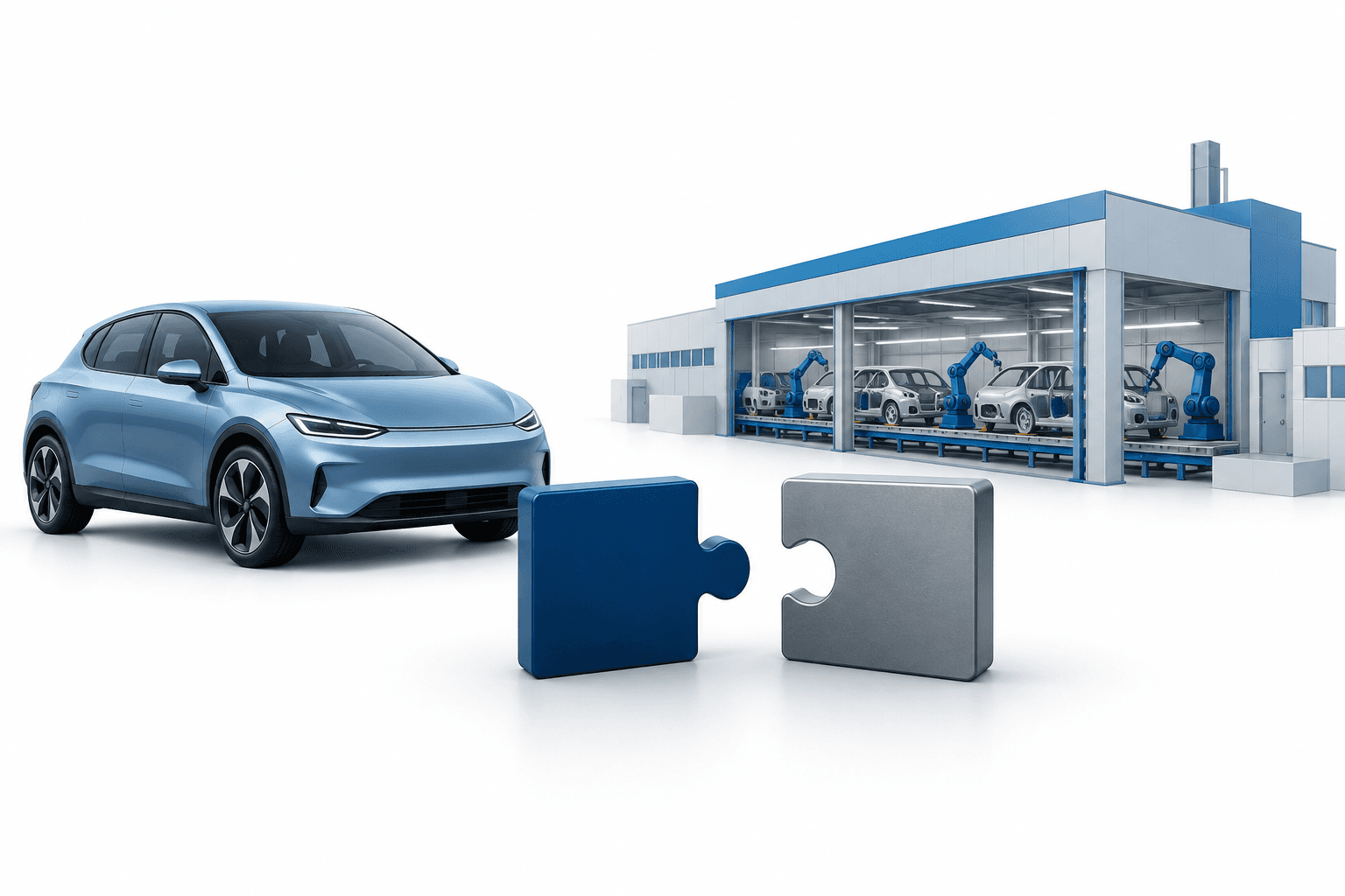 Concept illustration of Volkswagen EV investment showing an electric car and factory beside an unfinished partnership symbol.