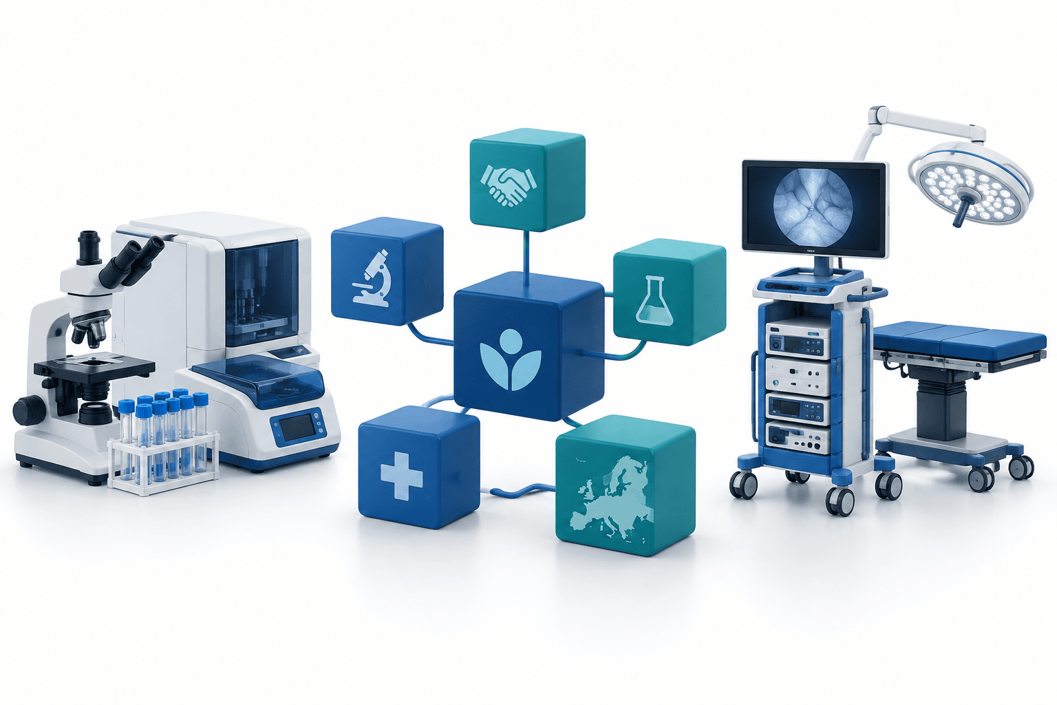 AddLife earnings illustration showing laboratory and medical equipment beside connected business blocks.