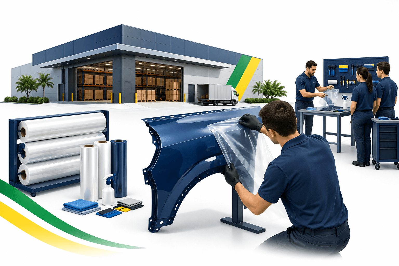 Concept illustration of XPEL Brazil expansion with a warehouse, protective film rolls and an automotive training workbench.