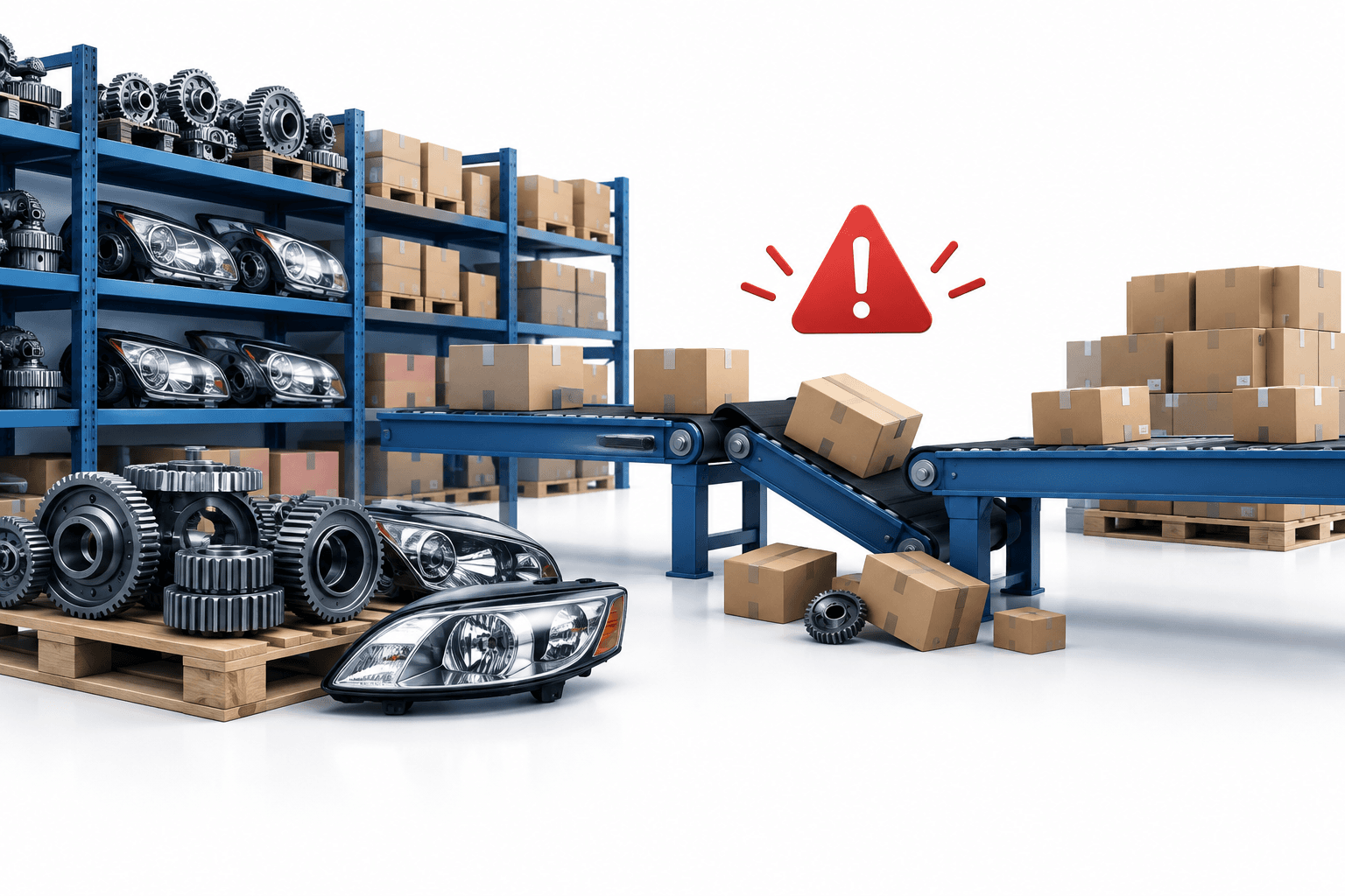 Concept illustration of automotive-parts distribution disruptions accompanying the decline in LKQ shares.