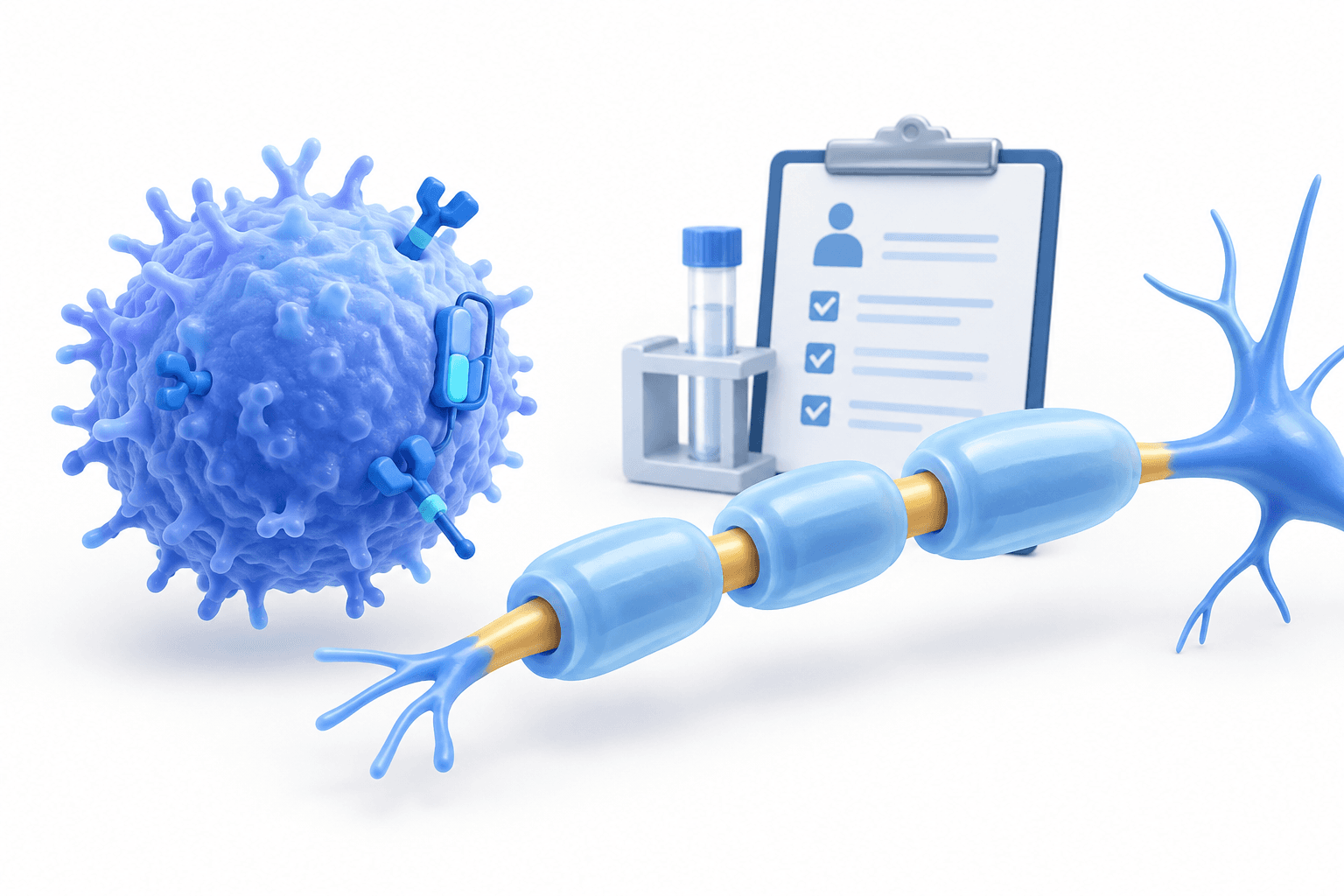 Concept illustration of an engineered immune cell and nerve fiber representing the Breakfree-2 results in multiple sclerosis.