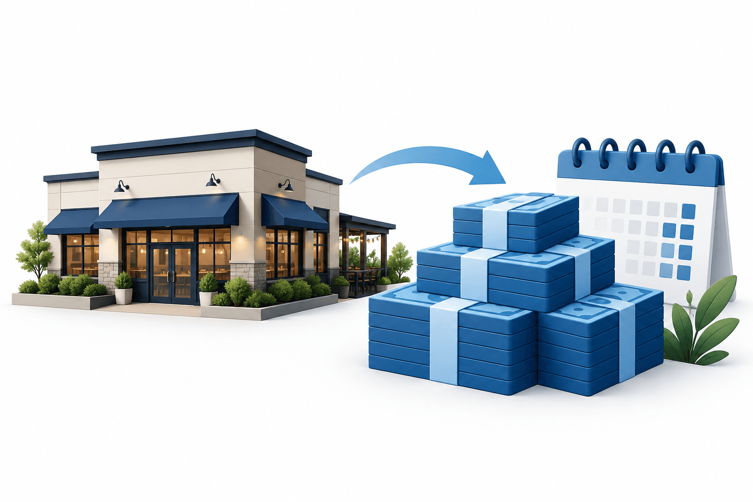 Darden credit facility concept illustration showing a restaurant beside funding blocks and a calendar motif.