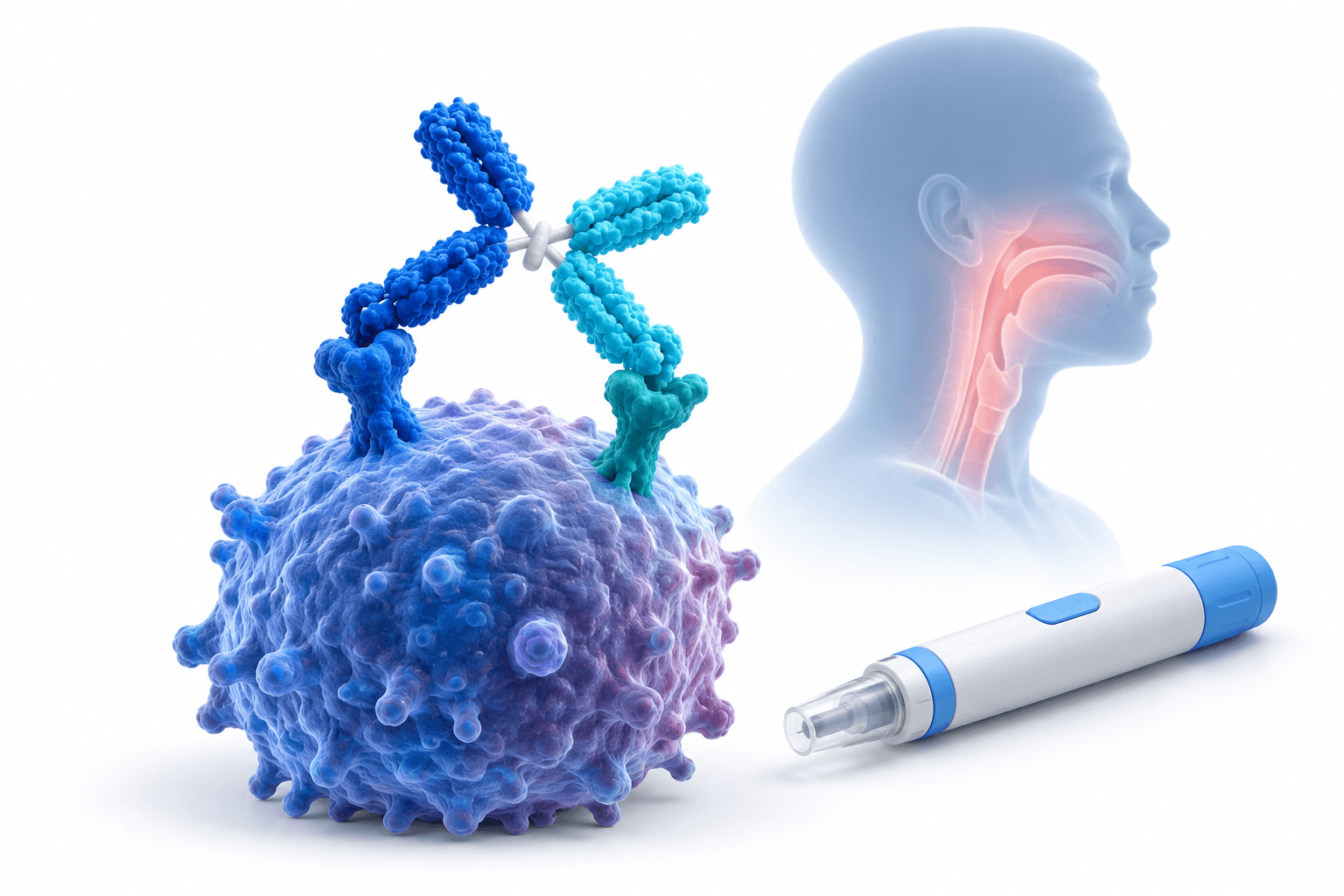 Rybrevant trial concept illustration showing a dual-targeting antibody, a cancer cell and a head-and-neck silhouette.