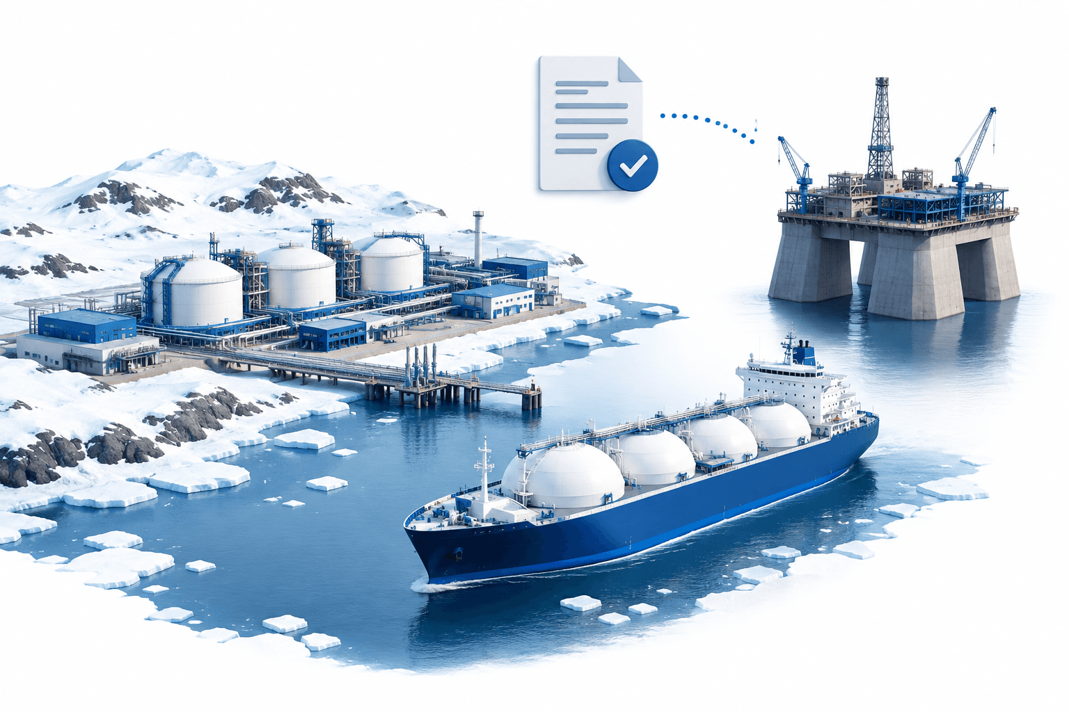 Concept illustration of Polar LNG infrastructure, an Arctic gas carrier and a pending authorization document.