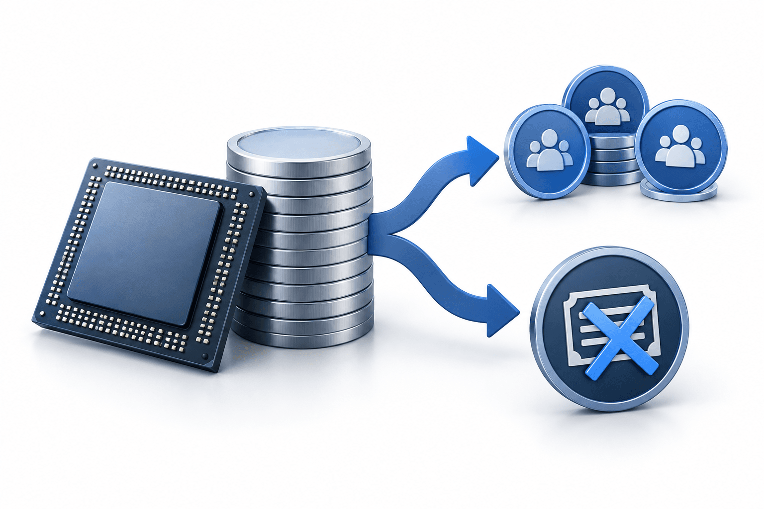 Concept illustration of a memory chip and coins representing SK hynix dividend plans.