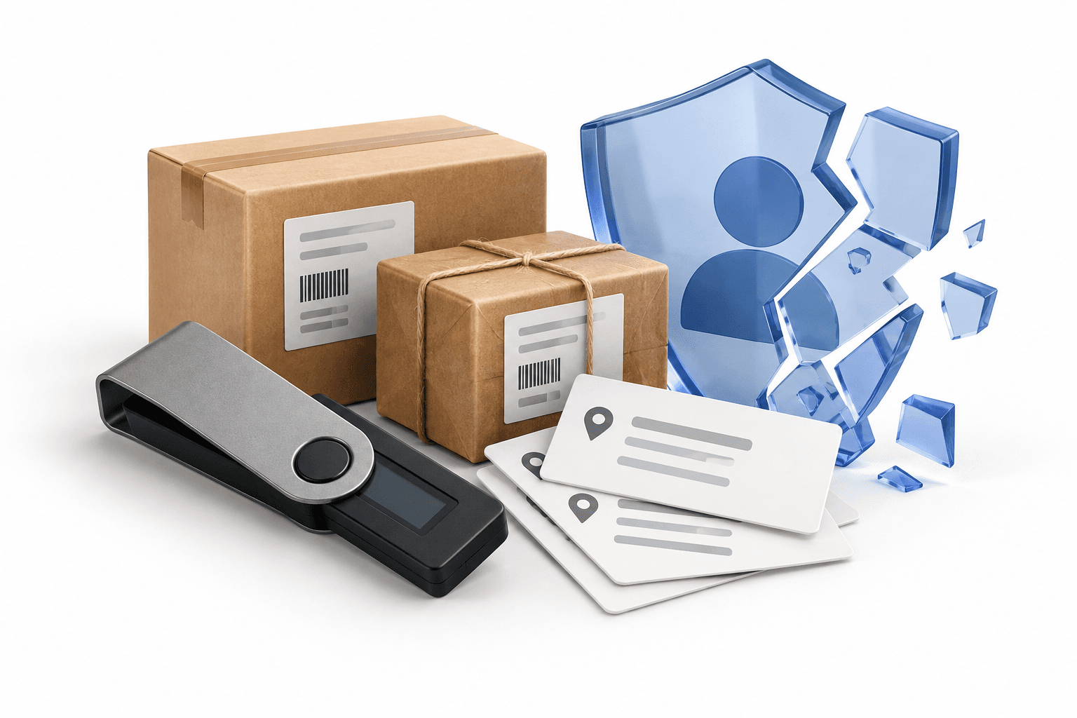 Concept illustration of the Keystone data breach showing a hardware wallet, shipping parcels and a fractured privacy shield.