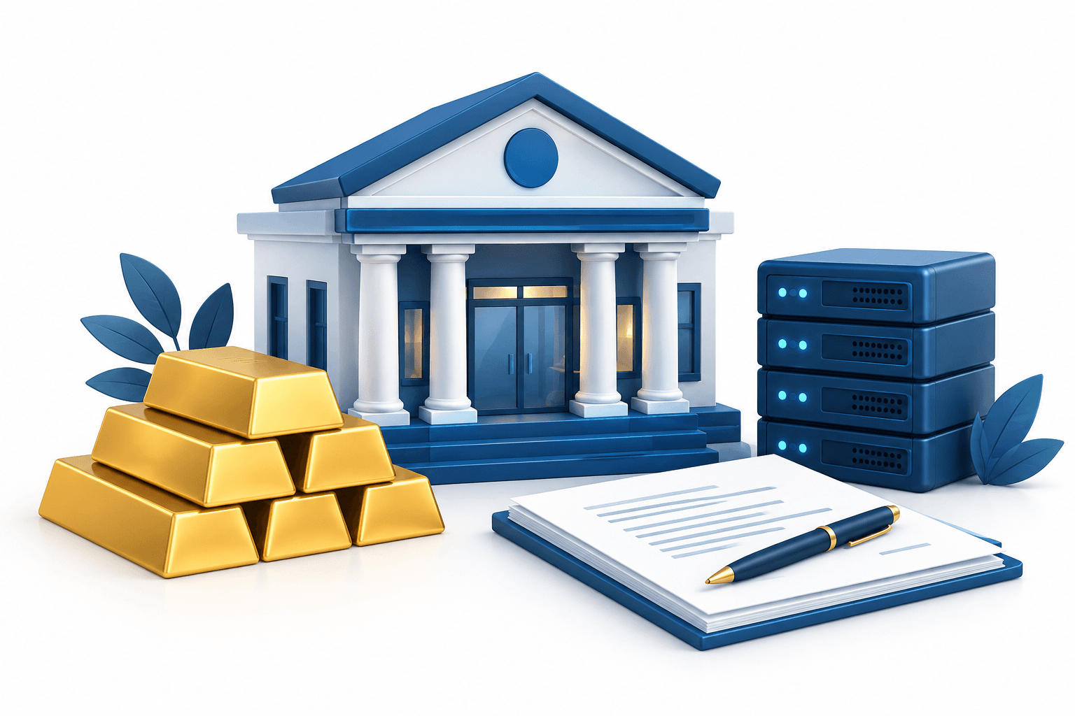 Concept illustration of CSB Bank earnings featuring a bank, gold collateral and technology infrastructure.