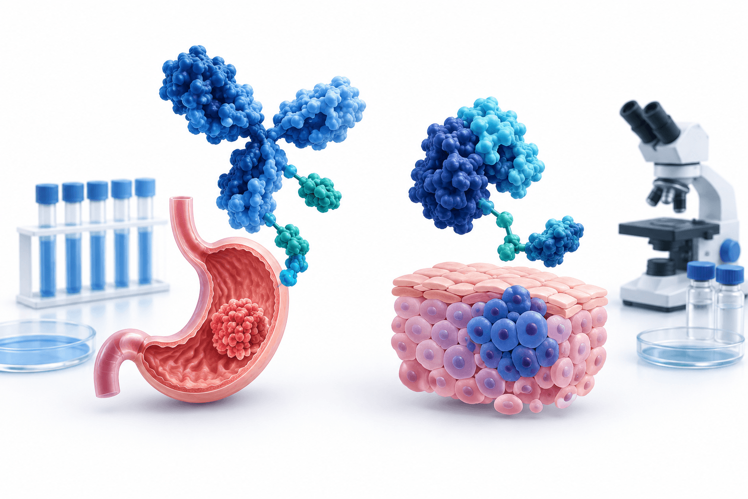 Concept illustration of Antengene trial results involving experimental treatments for gastric cancer and melanoma.